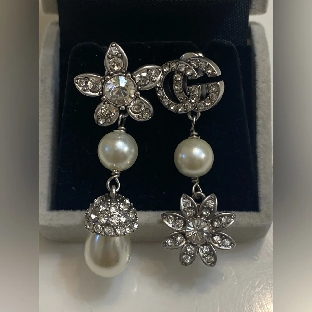Mismatched Gucci 925 Silver Crystal & Pearl Asymmetrical Drop Earrings - Picture 6 of 6